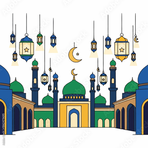 Mosque with minarets and domes adorned with hanging lanterns and crescent moon.