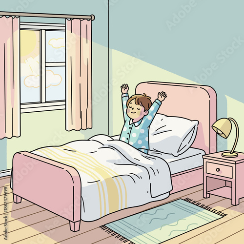 Happy child waking up in cozy bedroom with pink bed