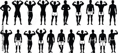 Large collection of muscular male bodybuilders posing silhouettes, showcasing strength, physique, fitness, athleticism, and bodybuilding competition figures.