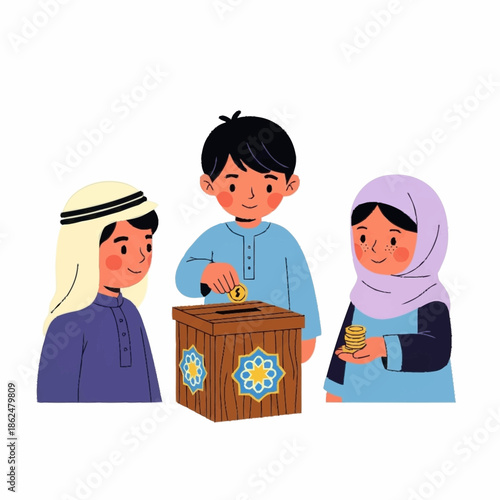 Muslim children donating money to charity box during Ramadan.