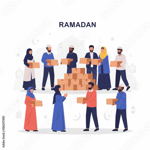 Muslim community distributing aid boxes during Ramadan.