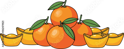 Illustration of oranges with green leaves and gold ingots on a white background in a flat lay composition with vibrant colors.