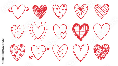 Collection of hand drawn red hearts with various patterns and designs for valentine's day, love and romance concepts