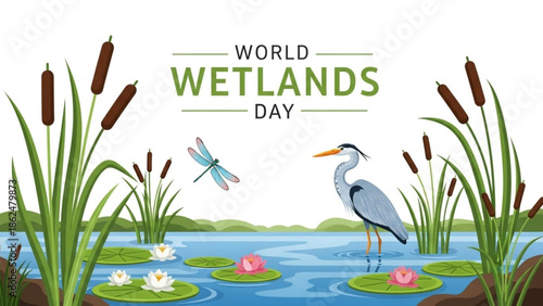 Natural Wetland Landscape with Water Birds and Plants Flat Vector Illustration