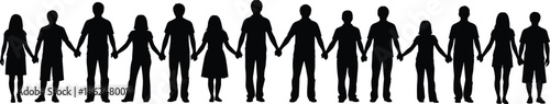 Large diverse group of people silhouettes holding hands in a long line representing unity teamwork community connection and friendship concepts in black and white vector.