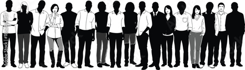 Large diverse group silhouette illustration of standing people in casual and formal clothing representing teamwork community unity and modern workforce