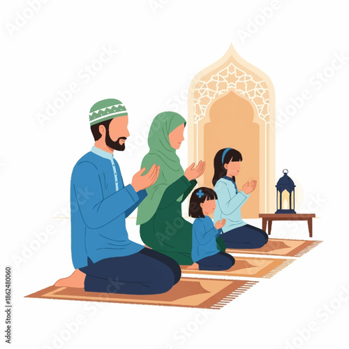 Muslim family praying together, celebrating Ramadan and Eid al-Fitr, showing devotion and spiritual connection.