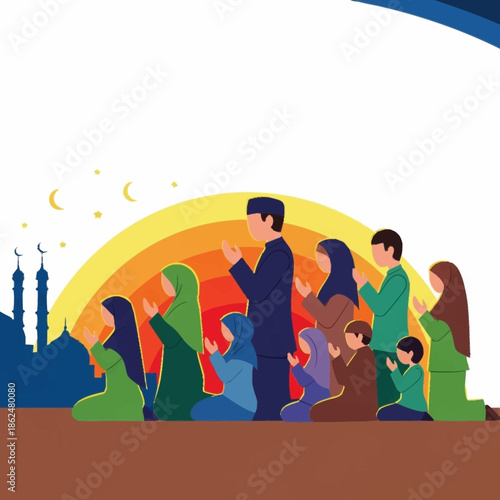 Muslim family praying together during Ramadan at sunset.