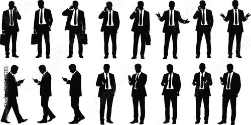 Large vector set of male business professional silhouettes, showing men using cell phones, walking, discussing, and standing, great for corporate, executive, and technological communication designs
