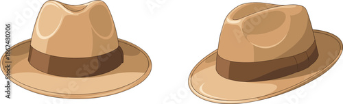 Tan Fedora Hats Vector Illustration with Brown Bands, Front and Side View, Fashion Accessory Clipart for Apparel and Design Use