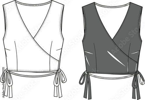 Technical fashion flat of sleeveless wrap crop top with side tie, princess seams, V-neckline, garment construction and shading