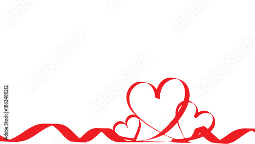 Valentine's day theme with intertwined red hearts and ribbon on white background for love and romance concepts