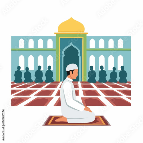 Muslim man praying on a prayer mat.
