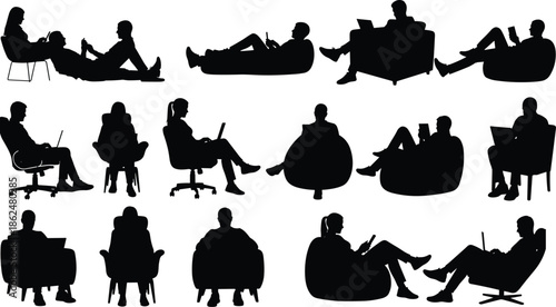 Large vector set of people relaxing and working remotely, using laptops and phones in chairs, sofas, and bean bags, ideal for remote work, leisure, and comfortable lifestyle graphics.