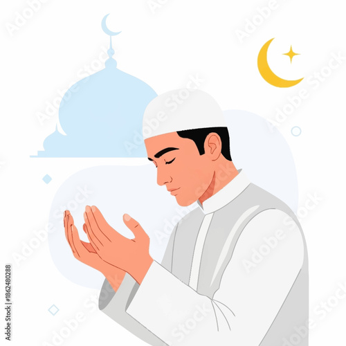 Muslim man praying with hands raised in devotion.