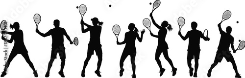 Large vector set of mixed gender tennis player silhouettes, showing various powerful athletic moves, including volleys, serves, and returns, great for sports marketing and design