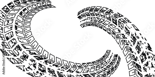 Tire tread marks, wheel textures, tire marks - car racing, motocross, drift, rally, off-road and others. Vector black isolated texture in grunge style with splashes.eps10
