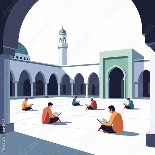 Muslim men reading Quran in mosque courtyard during Ramadan.