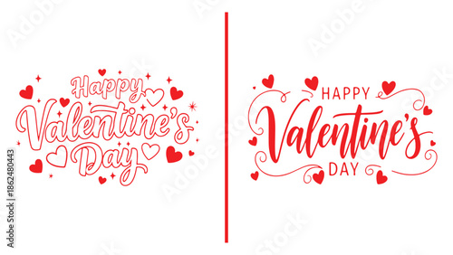 Two valentine's day greeting card designs with red hearts and cursive text on white background for love and romance