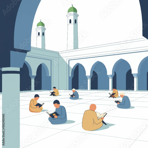 Muslim men reading holy books in a mosque courtyard.