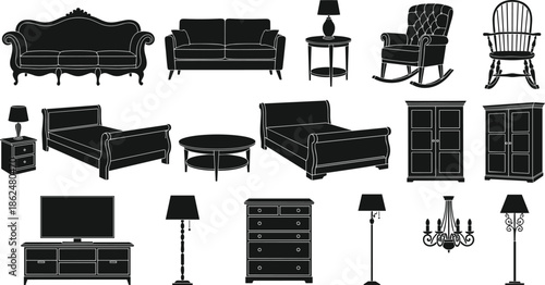Set of black furniture silhouettes for living room and bedroom interior design featuring sofas beds chairs and lamps vector illustration isolated
