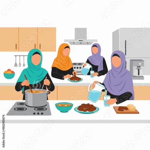 Muslim women in hijabs preparing and serving food in a kitchen.