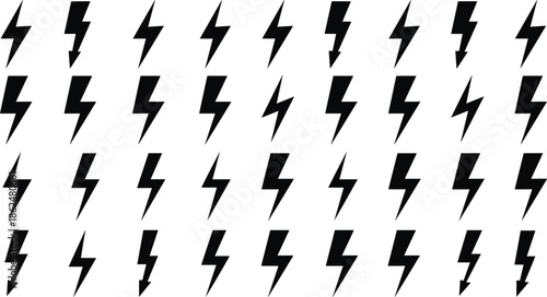 Lightning bolt icon grid, black vector symbols, electricity signs, energy silhouettes, thunder shapes, power icons, electric design, seamless pattern