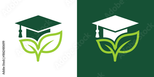 Illustration of a nature education logo design. Abstract graduation cap design inspired by a green leaf vector symbol.