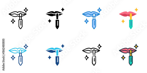 Lip gloss icons set multiple style collection. Editable stroke 
