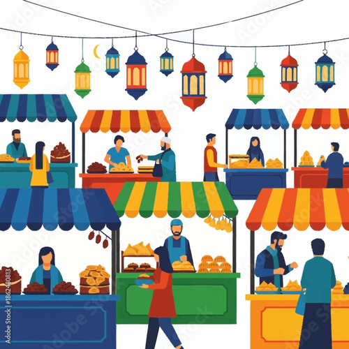 People shopping and selling at a vibrant outdoor market with colorful stalls and lanterns.