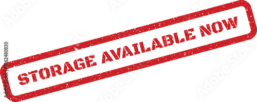 Distressed rubber stamp showing clear uppercase text STORAGE AVAILABLE NOW within a rectangular shape, announcing immediate availability or service offering