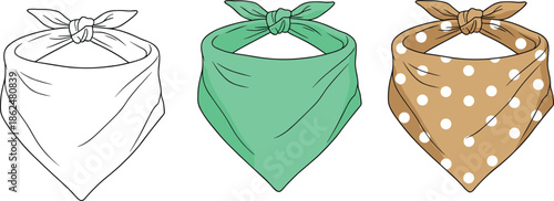 Three Bandana Variations in Knot Style – Plain Outline, Solid Green, and Brown Polka Dot – Fashion Accessory Vector Illustration