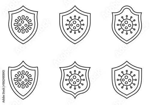 Set of Virus Protection Icon Line Art Vector Illustration, Including Antivirus Shield, Cybersecurity, Malware Protection, Safety and Defense Symbols, Vector Graphics