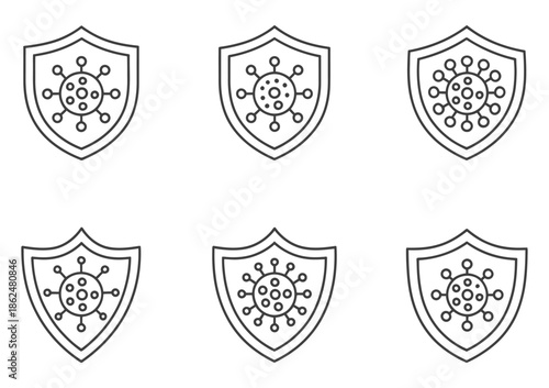 Set of Virus Protection Icon Line Art Vector Illustration, Featuring Antivirus, Shield, Security, Malware Defense
