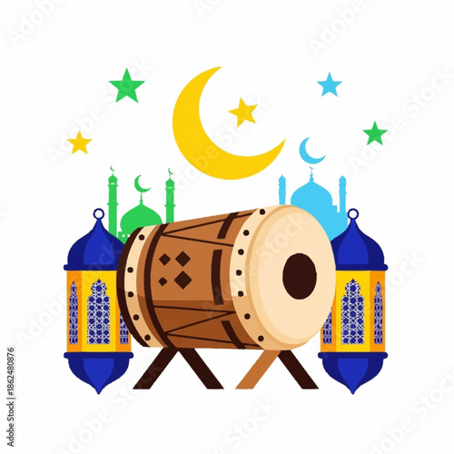 Ramadan drum with lanterns and mosque silhouettes.