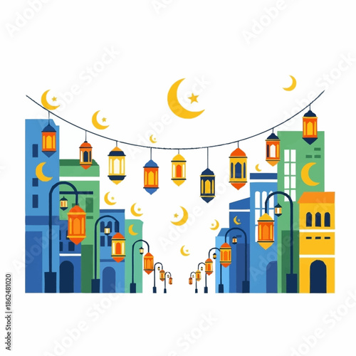Ramadan lanterns and crescent moons illuminate a festive cityscape.