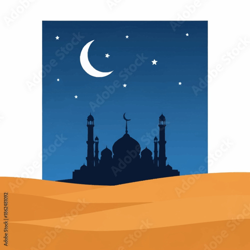 Silhouette of a mosque under a crescent moon and stars at night.
