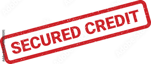 Distressed textured rubber stamp vector icon displaying Secured Credit text, used for financial approval indication