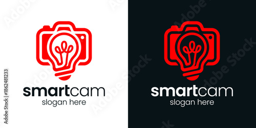 Smart cam logo design illustration. Light bulb design with camera vector symbol inspiration.