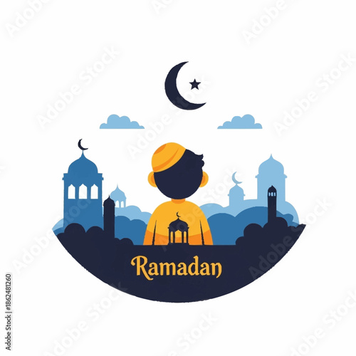 Young Muslim boy observing Ramadan with mosque silhouettes and crescent moon.