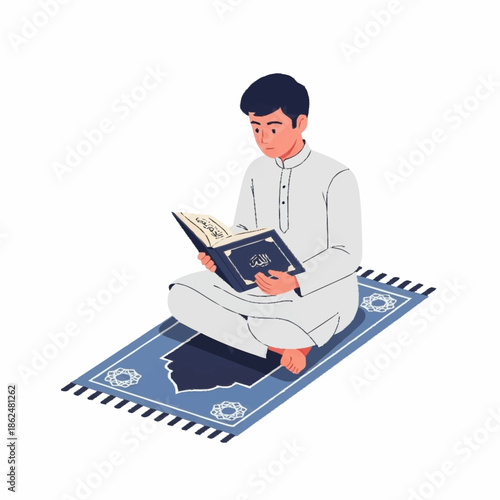 Young Muslim man reading Quran on prayer mat.