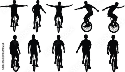 Unicycle silhouette riders performing tricks and poses in motion and balance, vector illustration for sports, circus, and fitness themes.