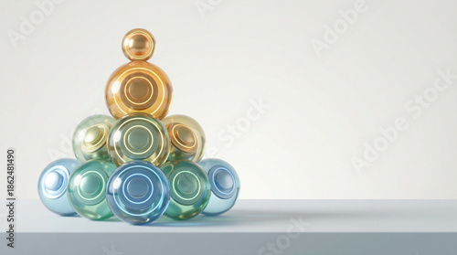 Strategic Business Growth, Planning, and Financial Data visualized with a pyramid of glowing spheres, professional concept.