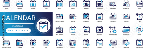 Calendar solid icon set featuring schedule planning appointment and reminder, date time event organizer business office, and month week day agenda editable vector icons