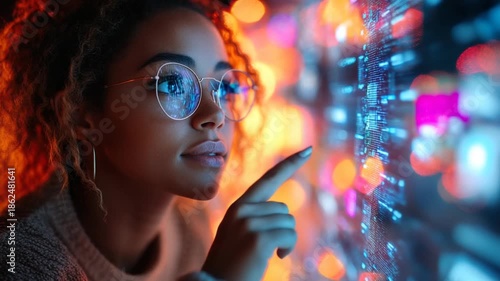 Woman Interacting with Futuristic Technology Interface.