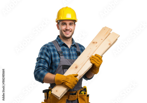 young caucasian construction worker in overalls, plaid shirt, and yellow hard hat, holding wood planks and a leather tool belt, smiling confidently against a transparent studio background with copy