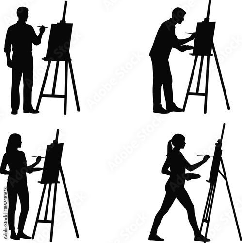 Male and female artists standing and painting at easels, illustrating creativity, drawing, fine arts classes, and professional studio work silhouettes