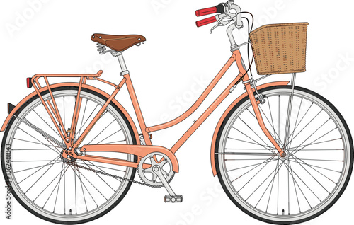Vintage peach bicycle with wicker basket, urban commuter bike illustration, classic style transport vector for leisure, travel, and lifestyle themes