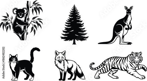 Wildlife and Nature Silhouettes Featuring Koala, Kangaroo, Tiger, Fox, Cat, Pine Tree in Black and White Vector Style