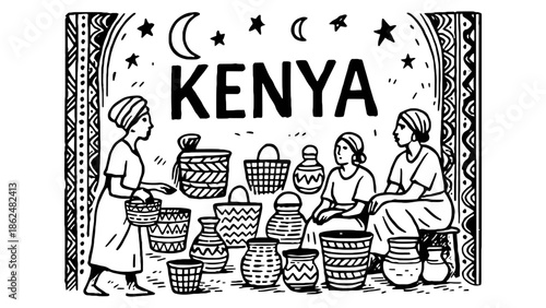 Three women display traditional pottery and baskets for sale in Kenya.